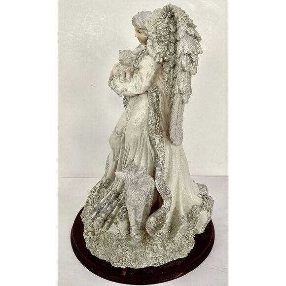 Elegant Guardian Angel with Lamb and Deer Glittered Resin On Wood Base - Picture 5 of 8